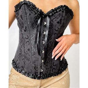 Vintage Pin Up Black Jacquard Floral Lace Up Boned Frilly Corset Bustier Top L